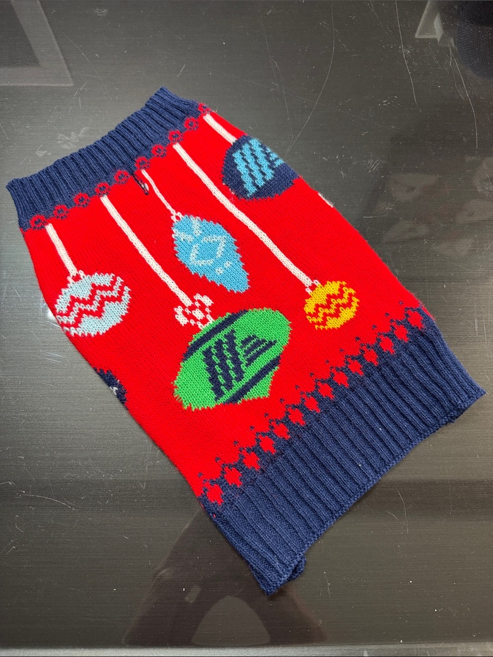 Festive Red & Navy Ornament Knit Dog Sweater Aldi Gear size Small S